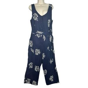 NWT Universal Standard Linen Blend Wide Leg Jumpsuit Navy Leaf Print S 14-16